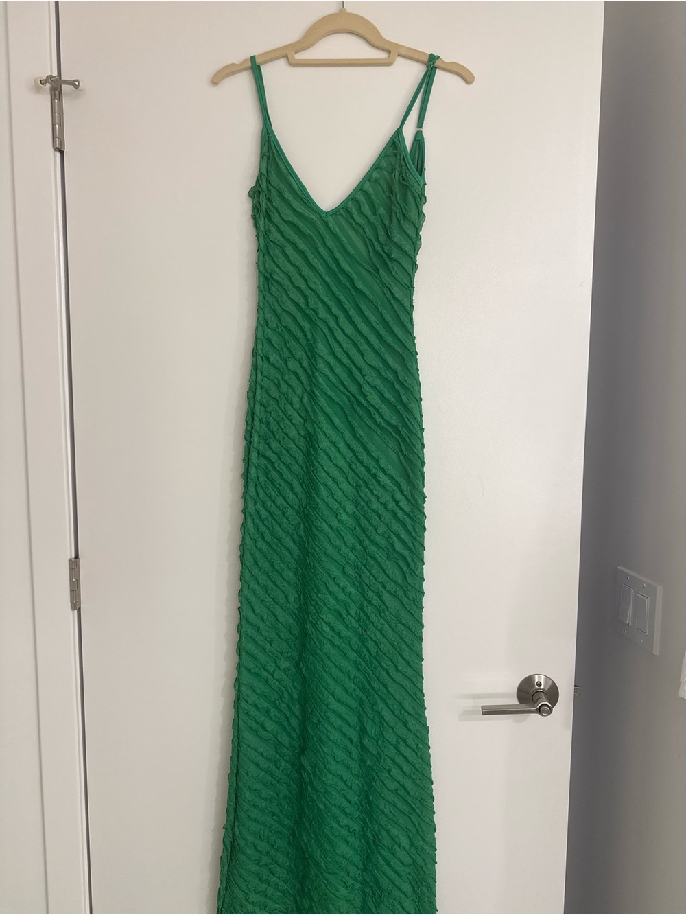 Runway the Label Green Textured V-Neck Maxi Dress with Adjustable Straps